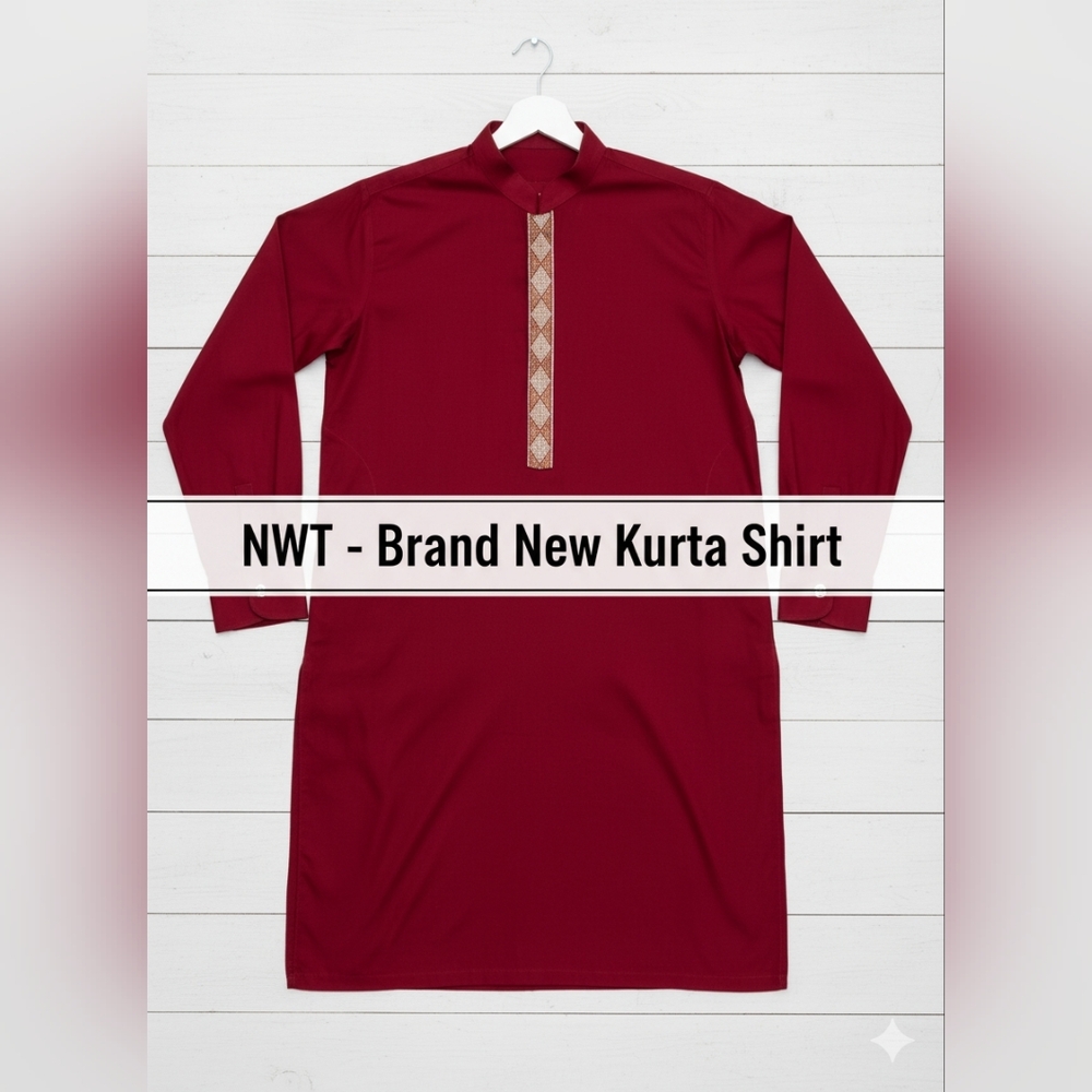Red Kurta Shirt with Embroidered Detail - Eid - Pakistani & Indian